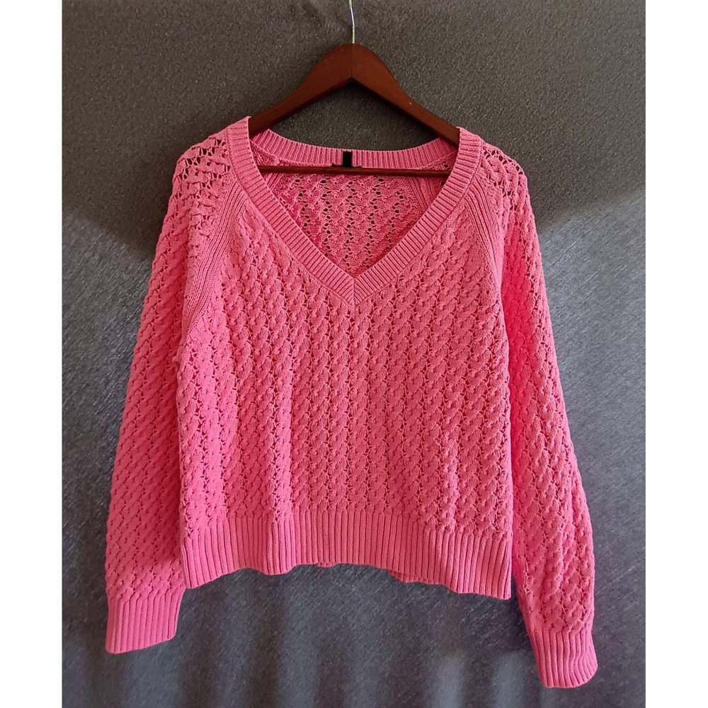 Talbots Pink Cotton Pointelle Cable Knit V-Neck Sweater XL Long Sleeve Pullover